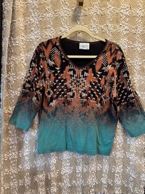 Cactus Bay Western Shirt Women’sRhinestone 3/4 Sleeve USA Aztec Teal Size XXL